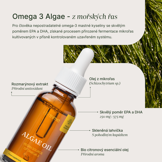 Prémiový rostlinný olej z mikrořas s omega-3 EPA a DHA získaný fermentací, přírodní antioxidant a citrusová příchuť.