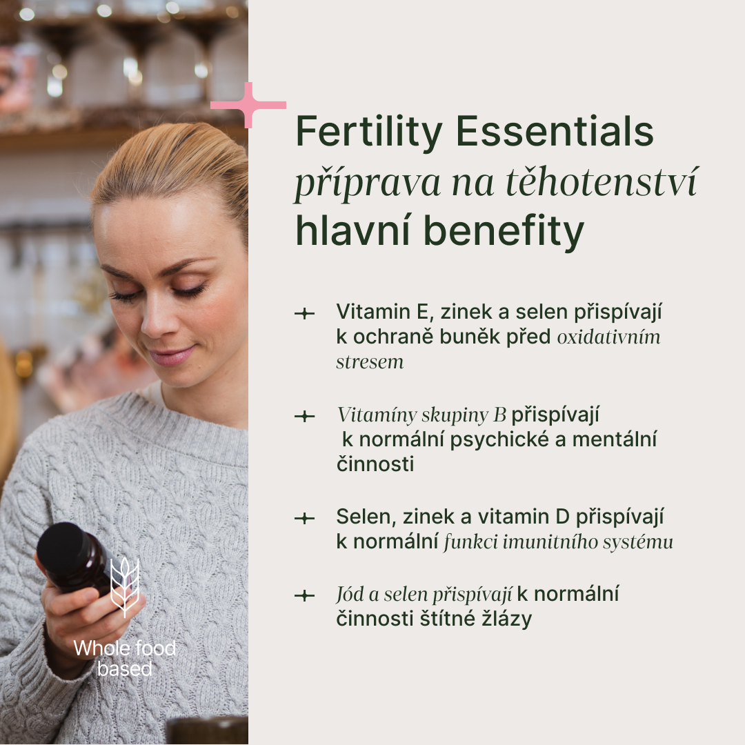 Fertility Essentials multivitamín pro podporu plodnosti a zdravého vývoje plodu s 120 práškovými a 60 tekutými kapslemi.