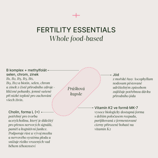 Fertility Essentials multivitamín pro podporu plodnosti se 120 práškovými a 60 tekutými kapslemi pro zdravé početí a vývoj plodu