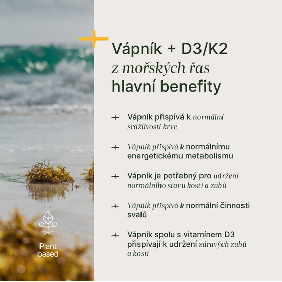 prášek z volně rostoucích řas Lithothamnion s vitamíny D3 a K2 pro zdraví kostí