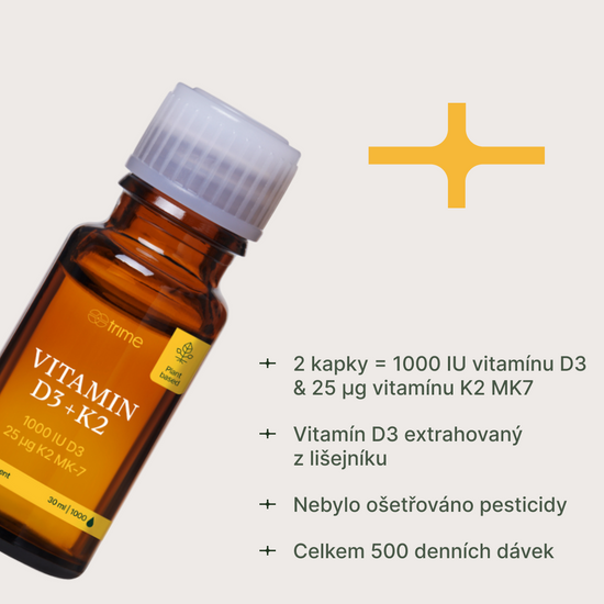 Lahvička vitamínu D3 + K2 s bio kokosovým olejem pro imunitu.