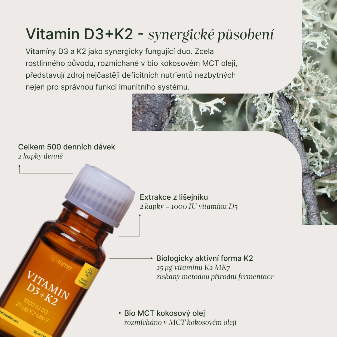 Vitamín D3 + K2 doplněk s bio kokosovým MCT olejem, 1000 IU D3 a 25 μg K2-MK7, přírodní a bez alergenů.