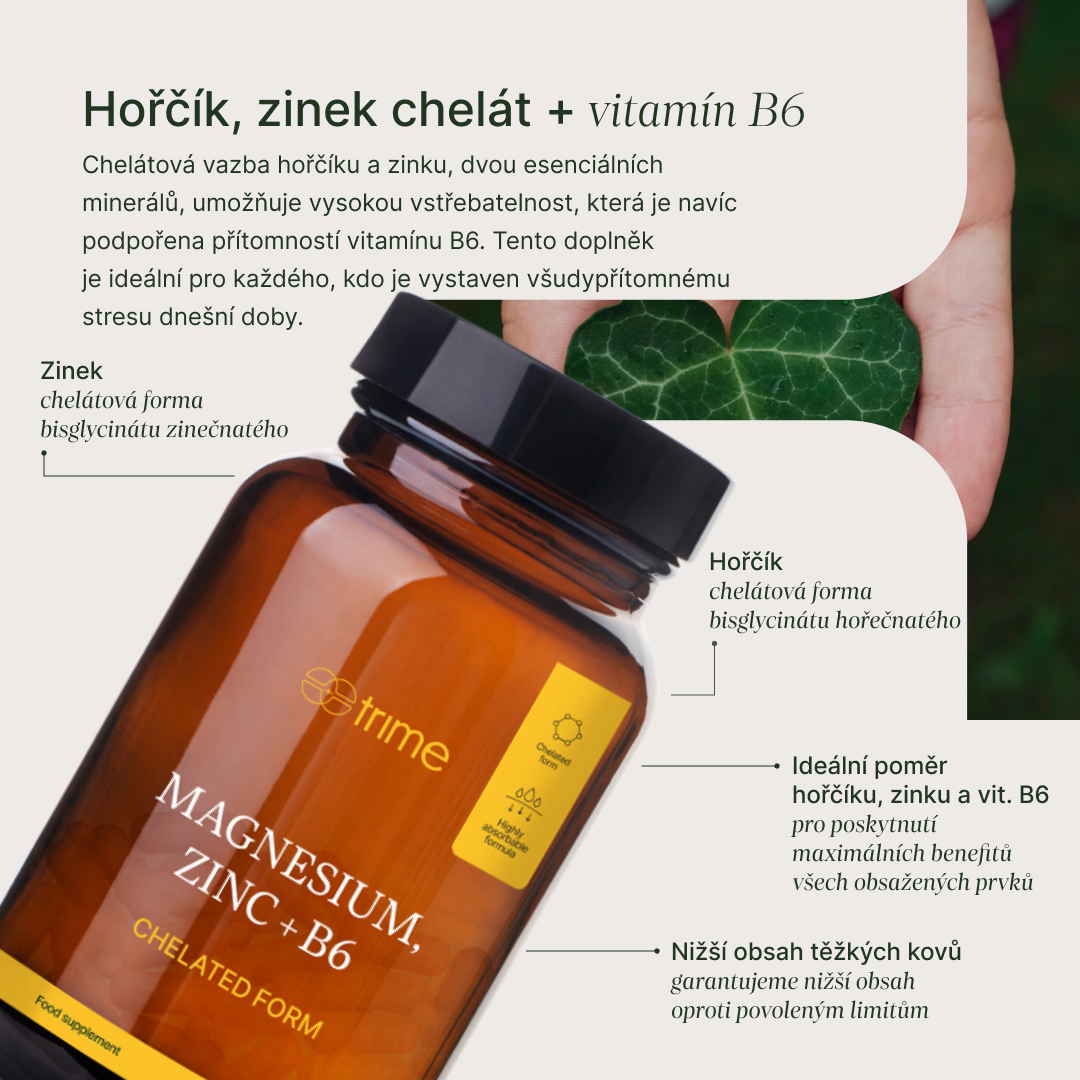 Doplněk hořčík zinek chelát s vitamínem B6 pro vysokou vstřebatelnost a podporu při stresu