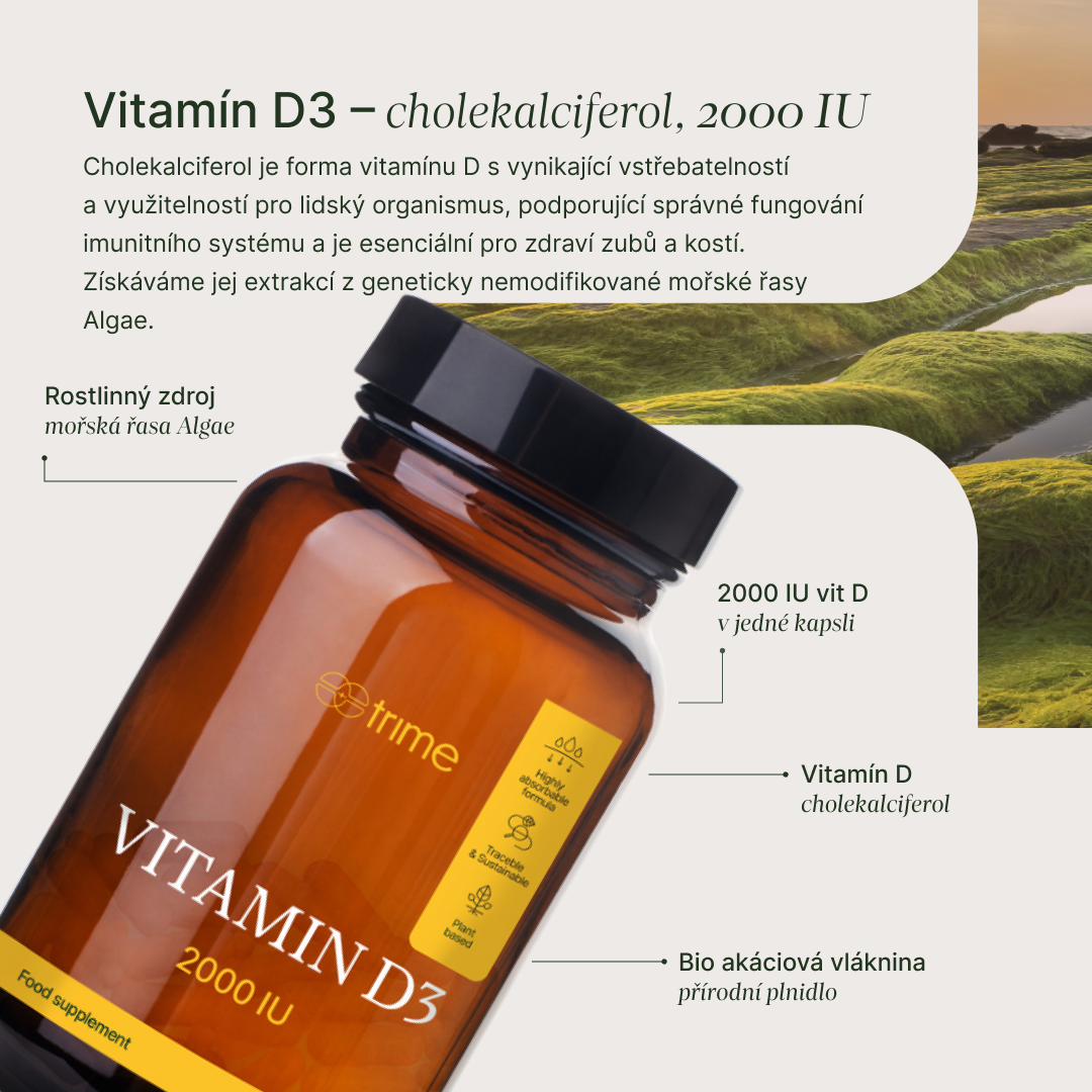 Vitamín D3 2000 IU z mořské řasy Algae pro podporu imunity, zdraví kostí a zubů, veganský a bez GMO