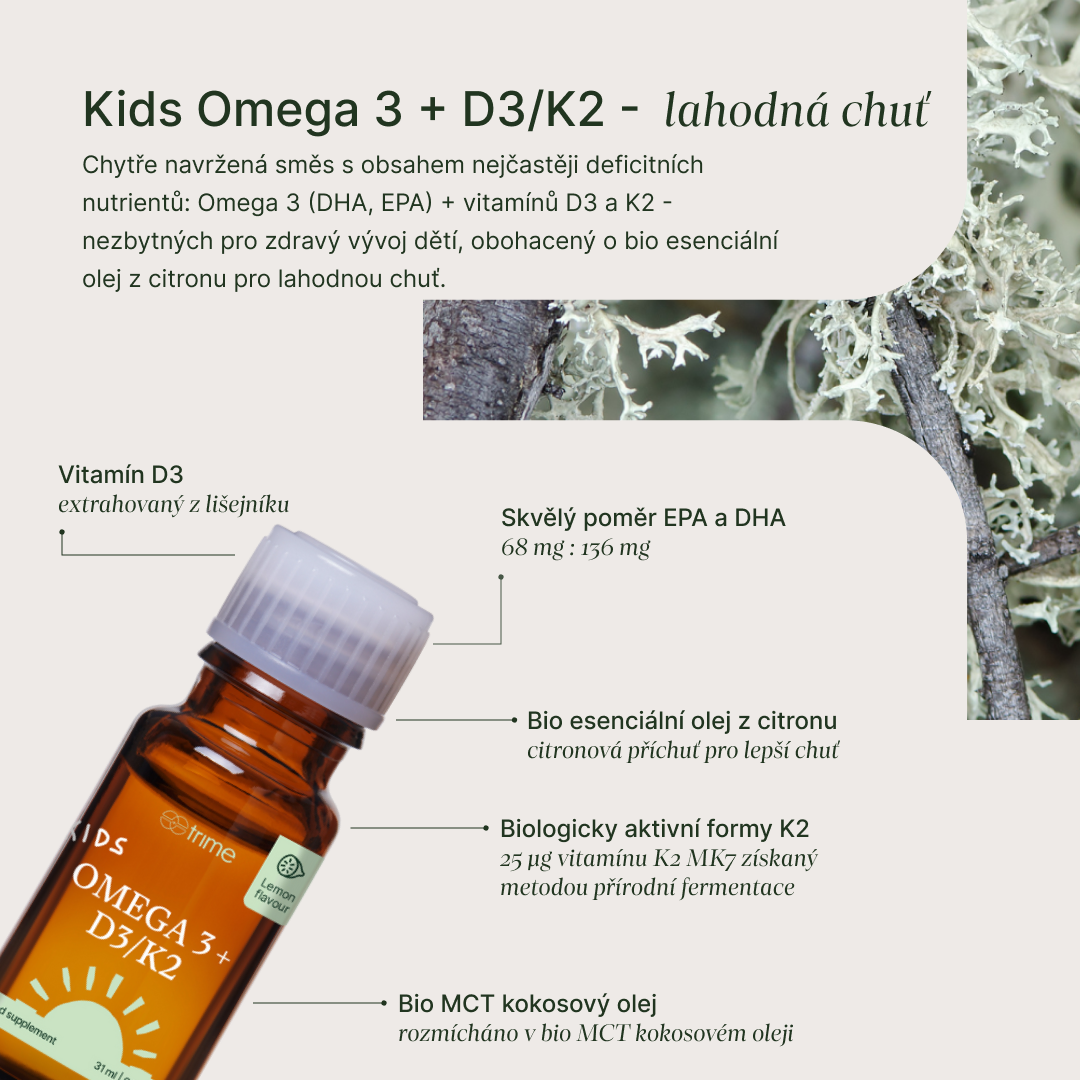 Dětský doplněk s omega-3 DHA EPA, vitamíny D3 a K2 pro podporu imunity a zraku s citrusovou příchutí.