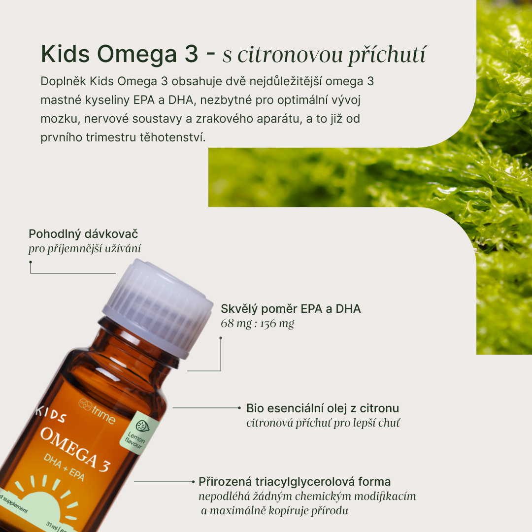 Kids Omega-3 doplněk s EPA a DHA pro vývoj mozku a zraku, olej z mikrořas s citronovou příchutí