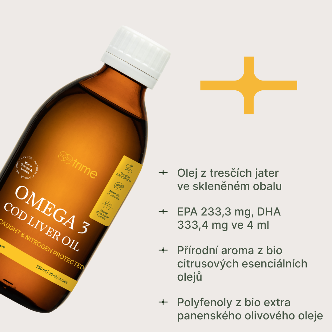 Prémiový omega-3 olej z tresčích jater s citrusovou příchutí pro zdraví mozku, zraku a srdce