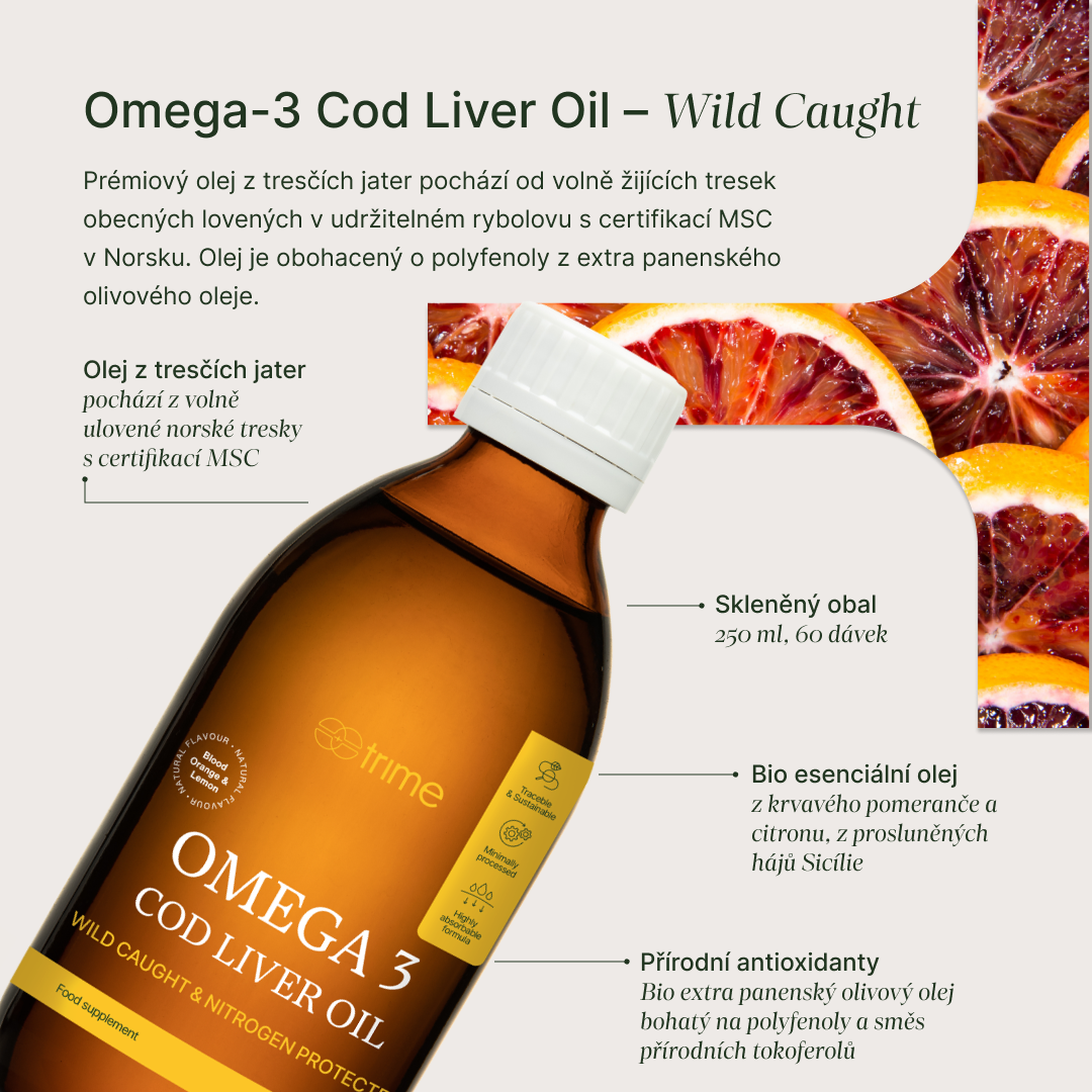 Prémiový omega-3 olej z tresčích jater s polyfenoly a citrusovou příchutí pro zdraví mozku, zraku a srdce