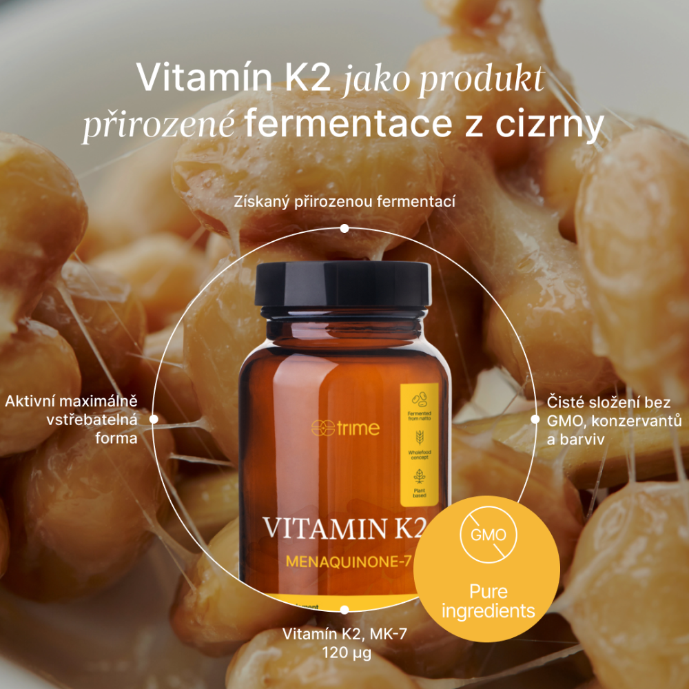 Vitamín K2-MK7 120 µg z přirozené fermentace cizrny pro zdraví kostí, zubů a srdce, čisté bez GMO a konzervantů