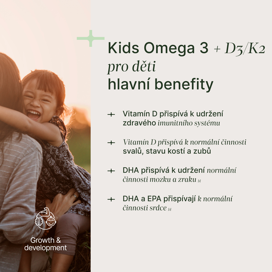 Dětské omega-3 DHA EPA s vitamíny D3 a K2 pro zdravý vývoj dětí