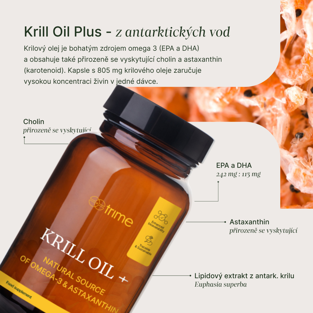 Krill Oil+ omega-3 kapsle z antarktického krilu s astaxanthinem a cholinem, udržitelný rybolov