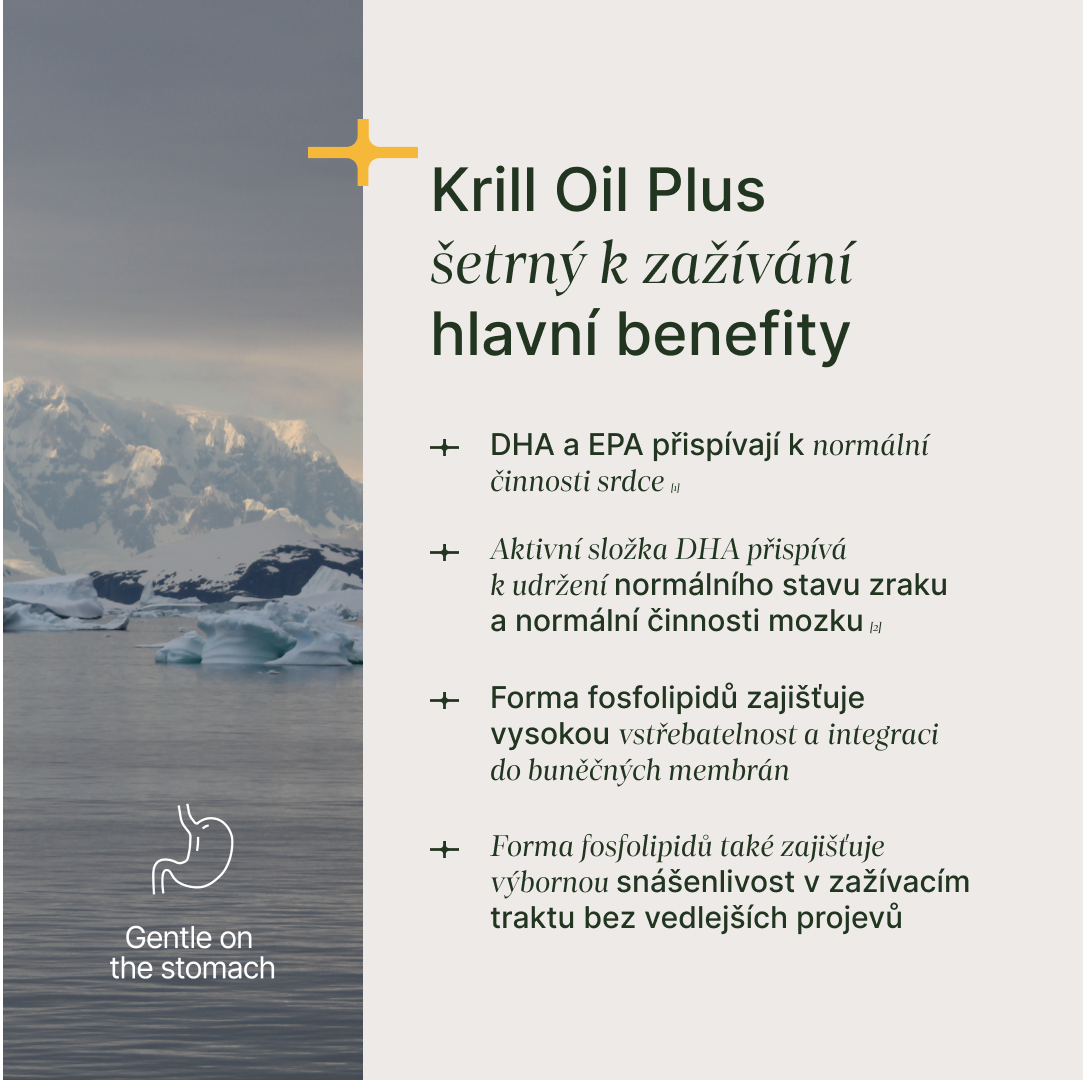 Kapsle Krill Oil+ z antarktického krilu s omega-3, astaxanthinem a cholinem pro zdraví a udržitelnost