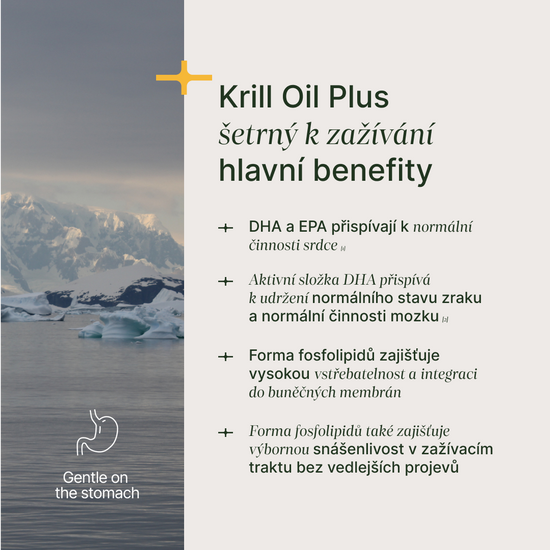 Kapsle Krill Oil+ z antarktického krilu s omega-3, astaxanthinem a cholinem pro zdraví a udržitelnost