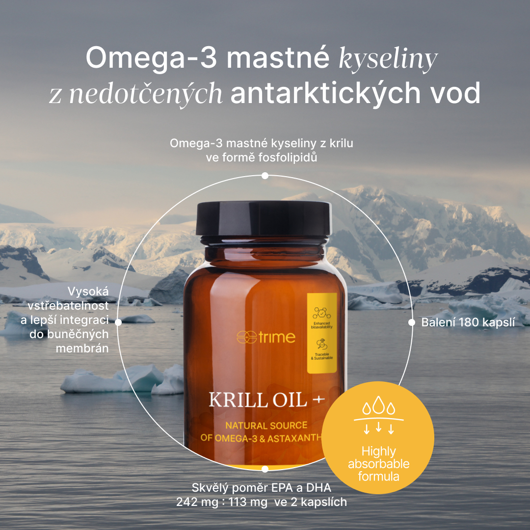 kapsle Krill Oil+ z antarktického krilového oleje s omega-3, astaxanthinem a cholinem, udržitelný rybolov
