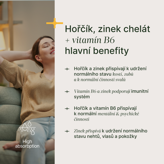 Hořčík a zinek chelát s vitamínem B6 pro vysokou vstřebatelnost a podporu proti stresu