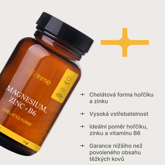 Doplněk stravy hořčík zinek chelát s vitamínem B6 podporující vysokou vstřebatelnost a odolnost proti stresu