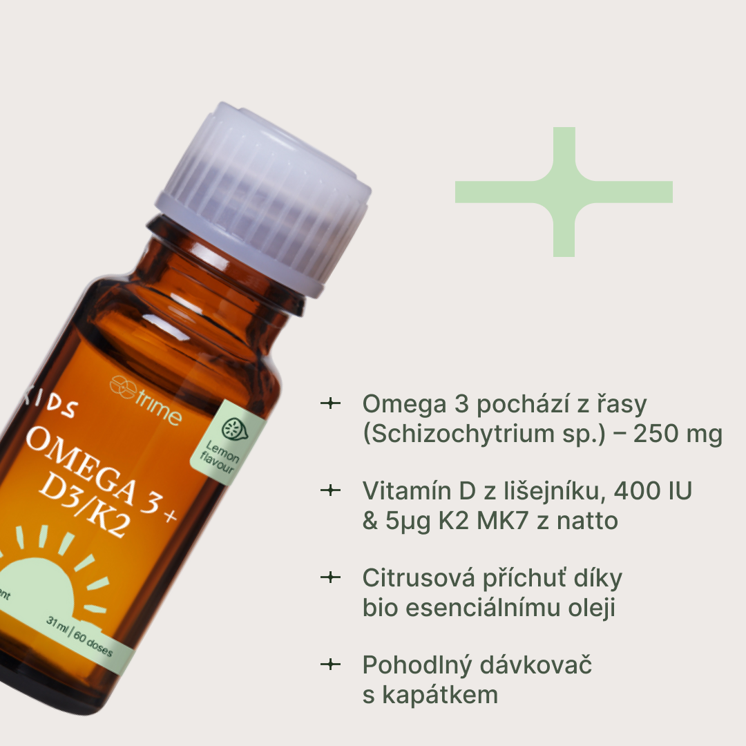 Dětský olej Kids Omega 3 + D3/K2 s omega-3 DHA EPA pro podporu imunity, zraku a vývoje kostí s přírodní citrusovou příchutí.