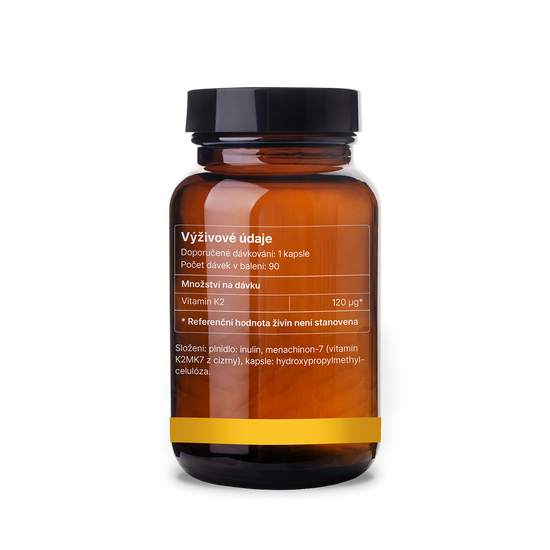 Vitamín K2-MK7 získaný fermentací z cizrny pro zdraví kostí, zubů a srdce, bez GMO a konzervantů.