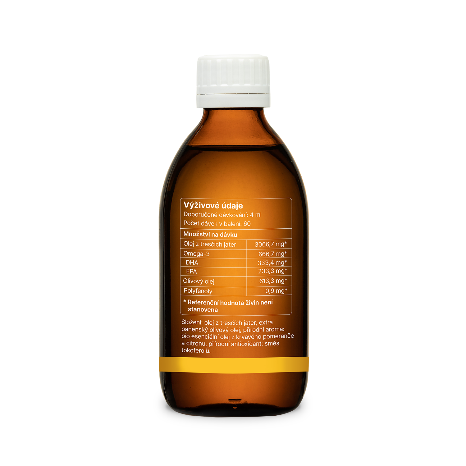 prémiový omega-3 olej z tresčích jater s citrusovou příchutí a polyfenoly z olivového oleje