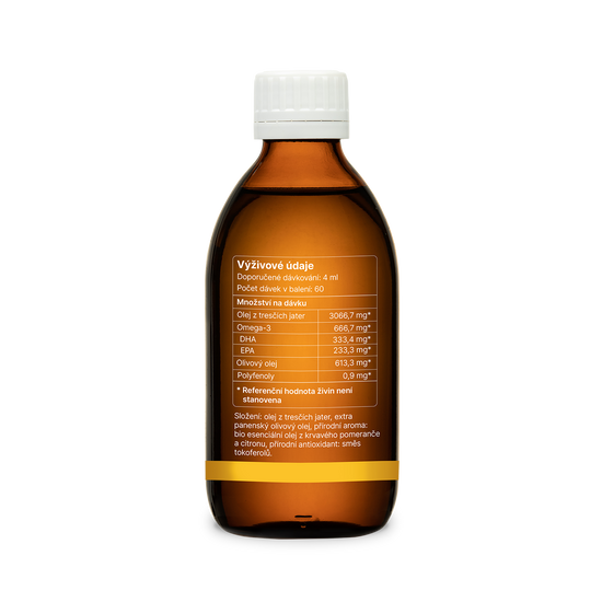 prémiový omega-3 olej z tresčích jater s citrusovou příchutí a polyfenoly z olivového oleje