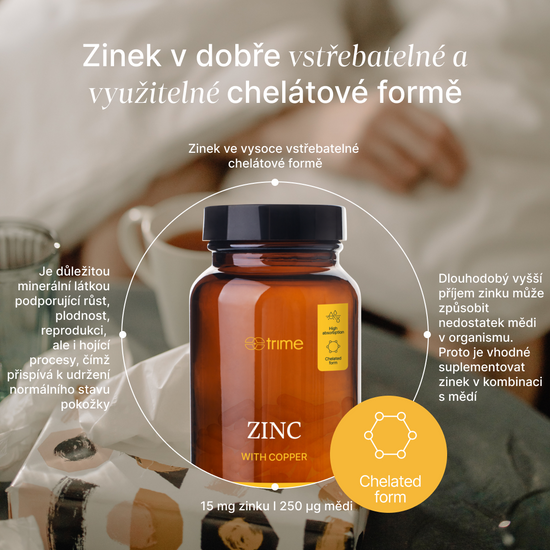 Balíček zinek chelát 15 mg s mědí pro podporu imunity a optimální vstřebatelnost.