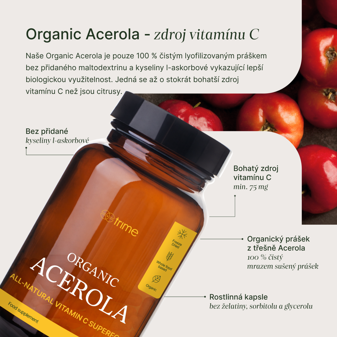 Organická Acerola 100% mrazem sušený prášek bohatý na vitamín C bez přidaných aditiv BIO kapsle