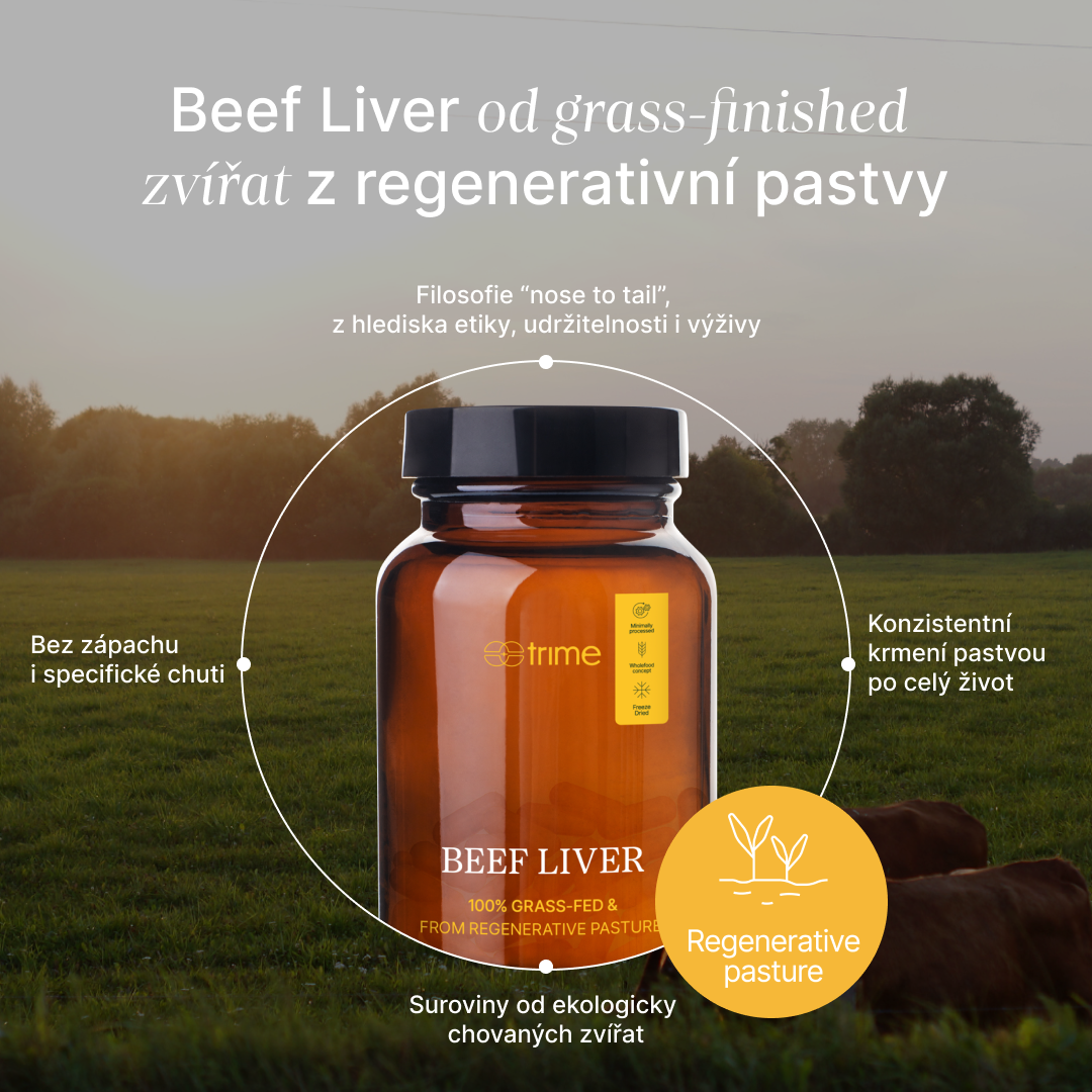 Mrazem sušená hovězí játra z českého volně pasoucího skotu, bohatá na vitamin A, B12, železo a zinek, v kapslích z rostlinné vlákniny.