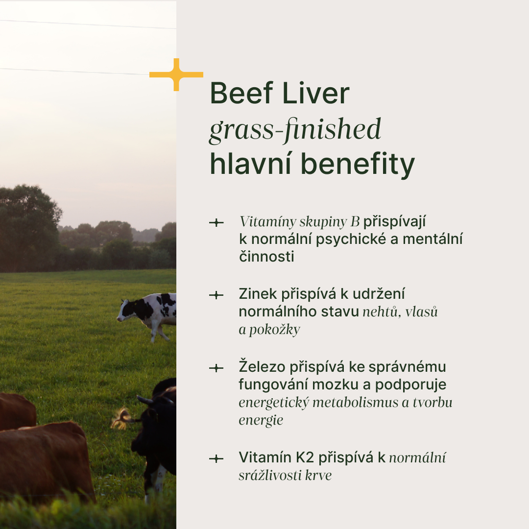 Mrazem sušená hovězí játra z volně se pasoucího skotu, bohatá na vitamín A, B12, železo a zinek, v kapslích bez želatiny.