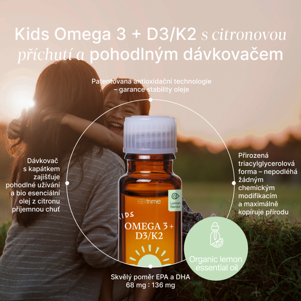 Dětský doplněk omega-3 DHA EPA s vitamíny D3 a K2 pro zdravý vývoj, citrusová příchuť, přírodní omega-3 z mikrořas.
